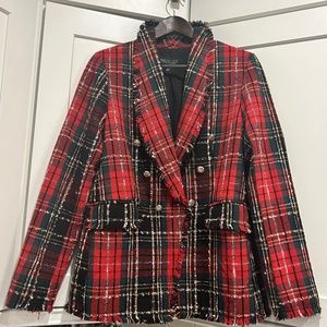 Rachel Zoe Plaid Frayed Hem Blazer Holiday Red